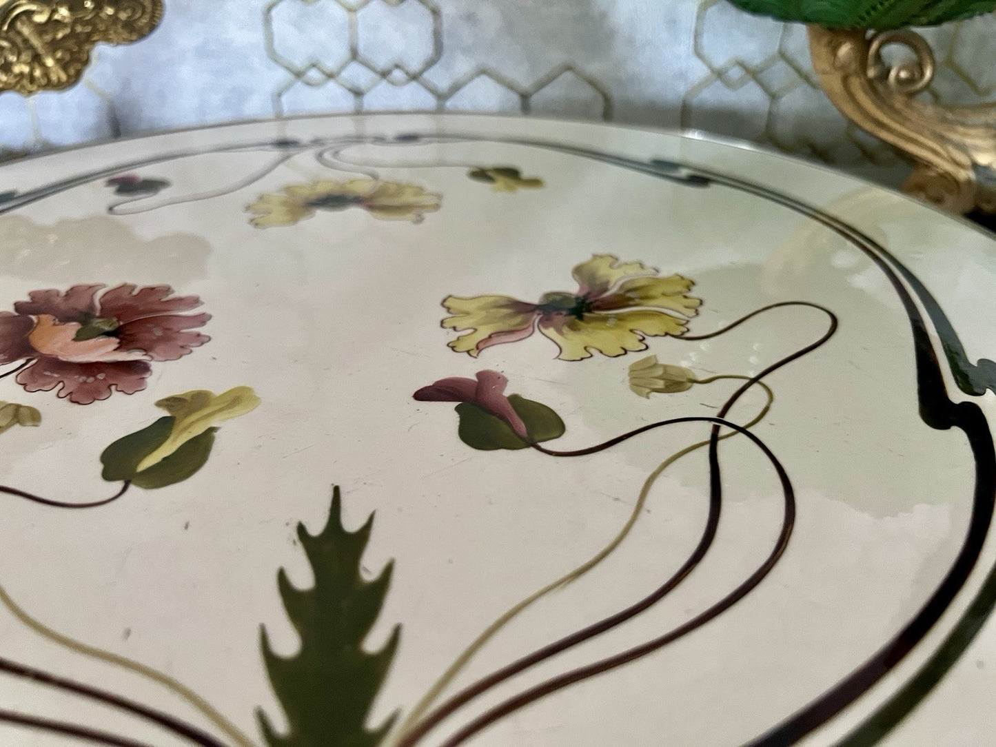 Antik WMF Jugendstil Art Deco Tortenplatte  Metallmontur Porzellan Keramik