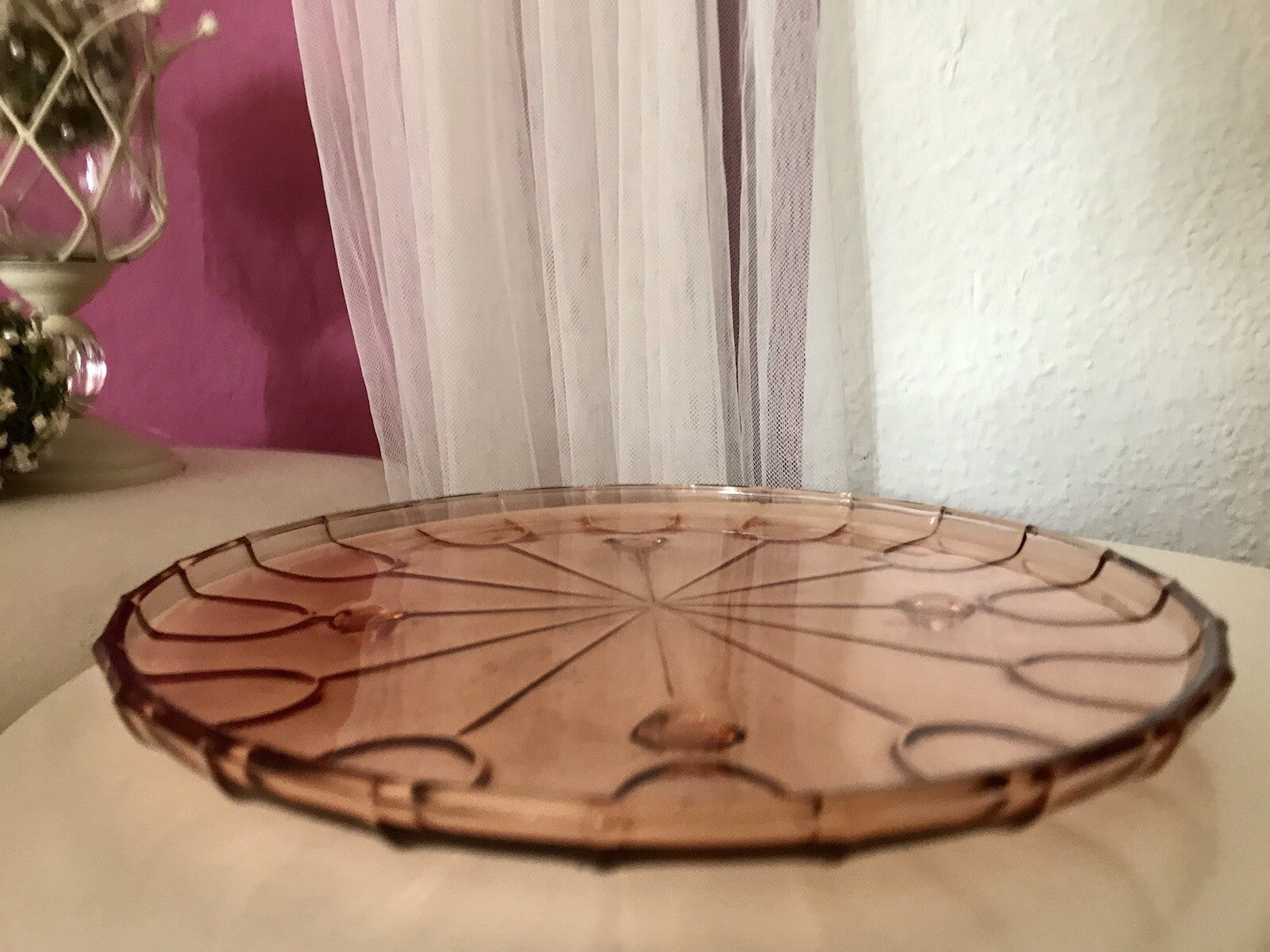 Antik Tortenplatte Tortenständer Rosalin Glas rosa 4Füssig Art Déco Pressglas