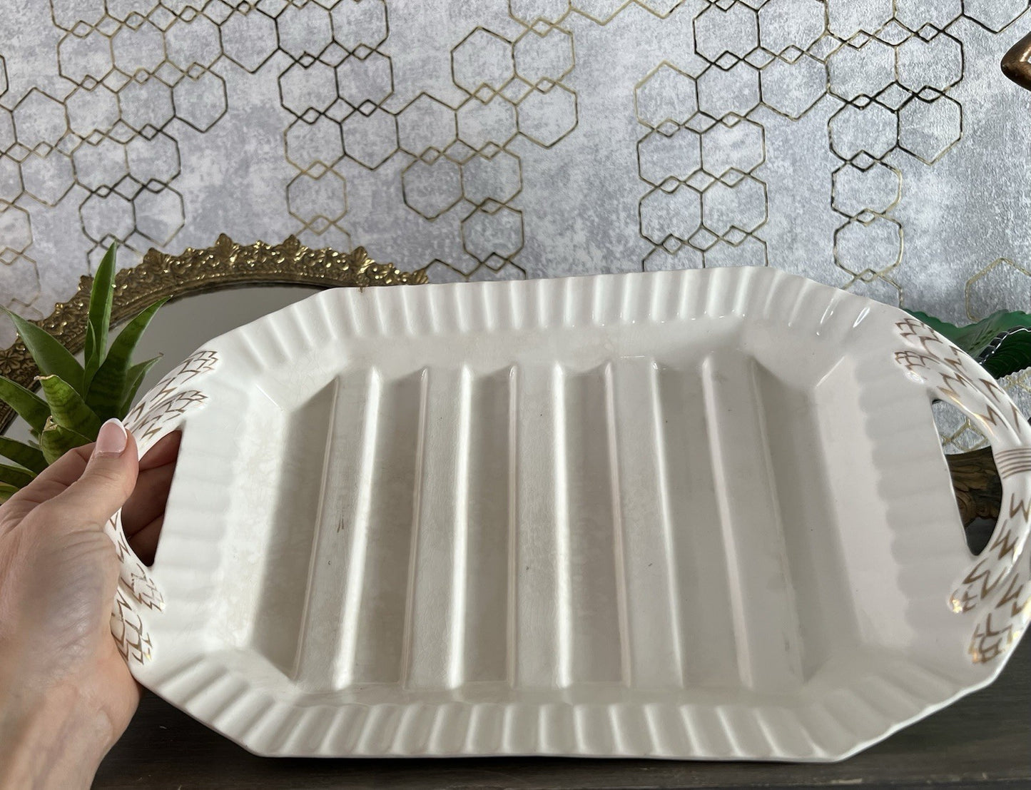 Antik Max Rösler Keramik Spargel Platte Schale  Creme weiß