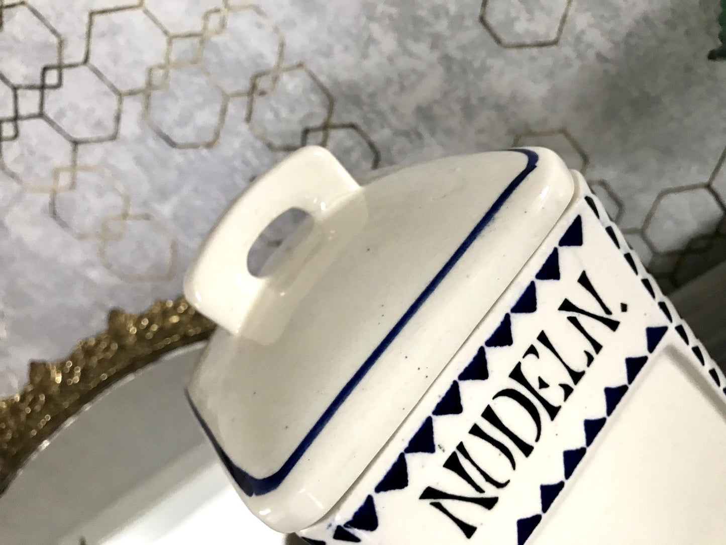 Antik Jugendstil Vorratsgefäß Nudeln Gefäß Vorratsdose weiß Porzellan creme blau