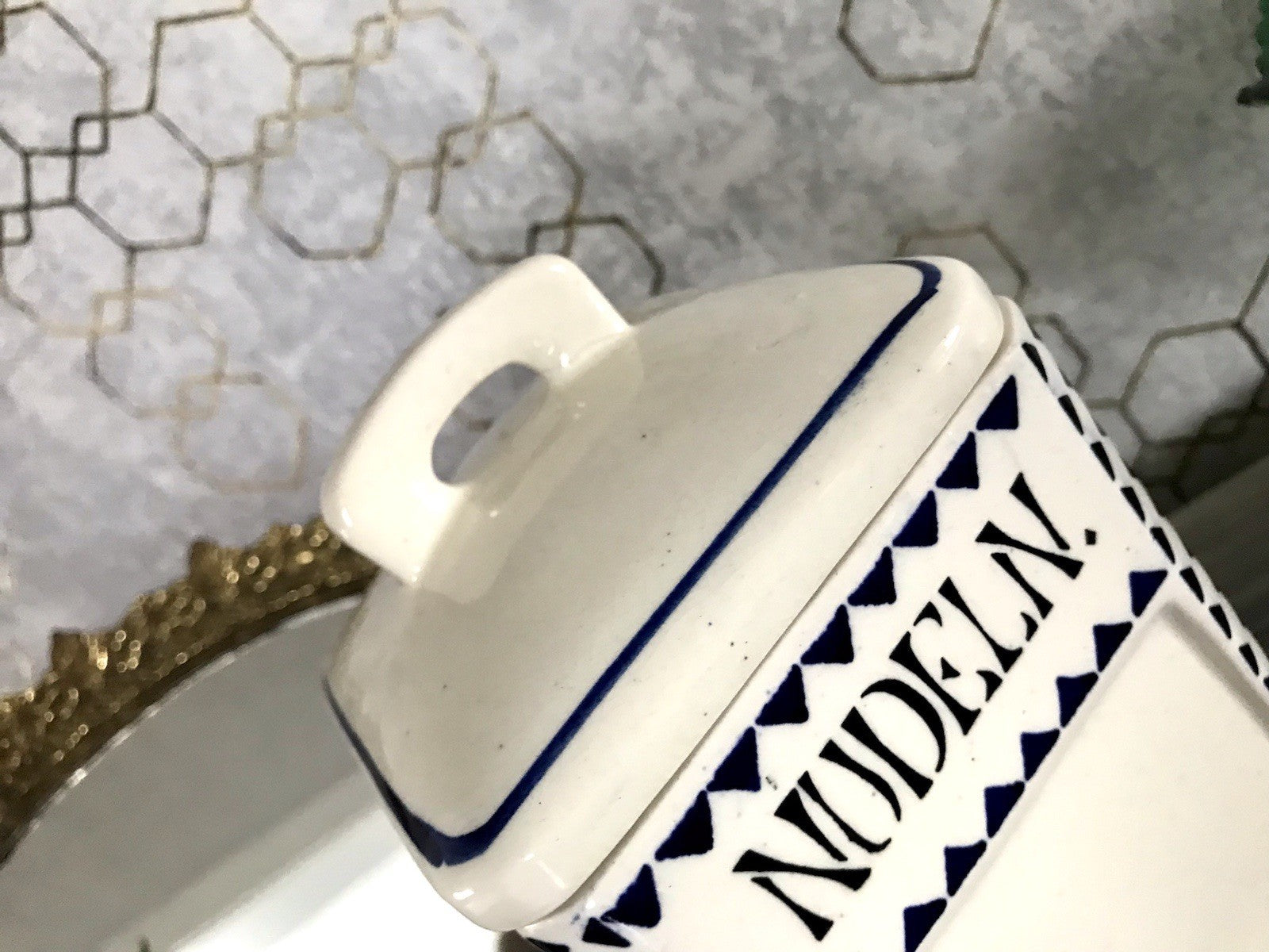 Antik Jugendstil Vorratsgefäß Nudeln Gefäß Vorratsdose weiß Porzellan creme blau