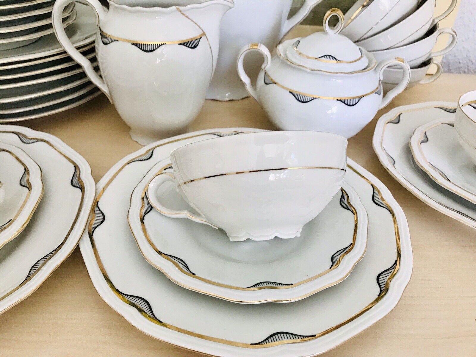 Antik Art Déco Porzellan Kaffeeservice 10 Pers. ivory schwarz gold