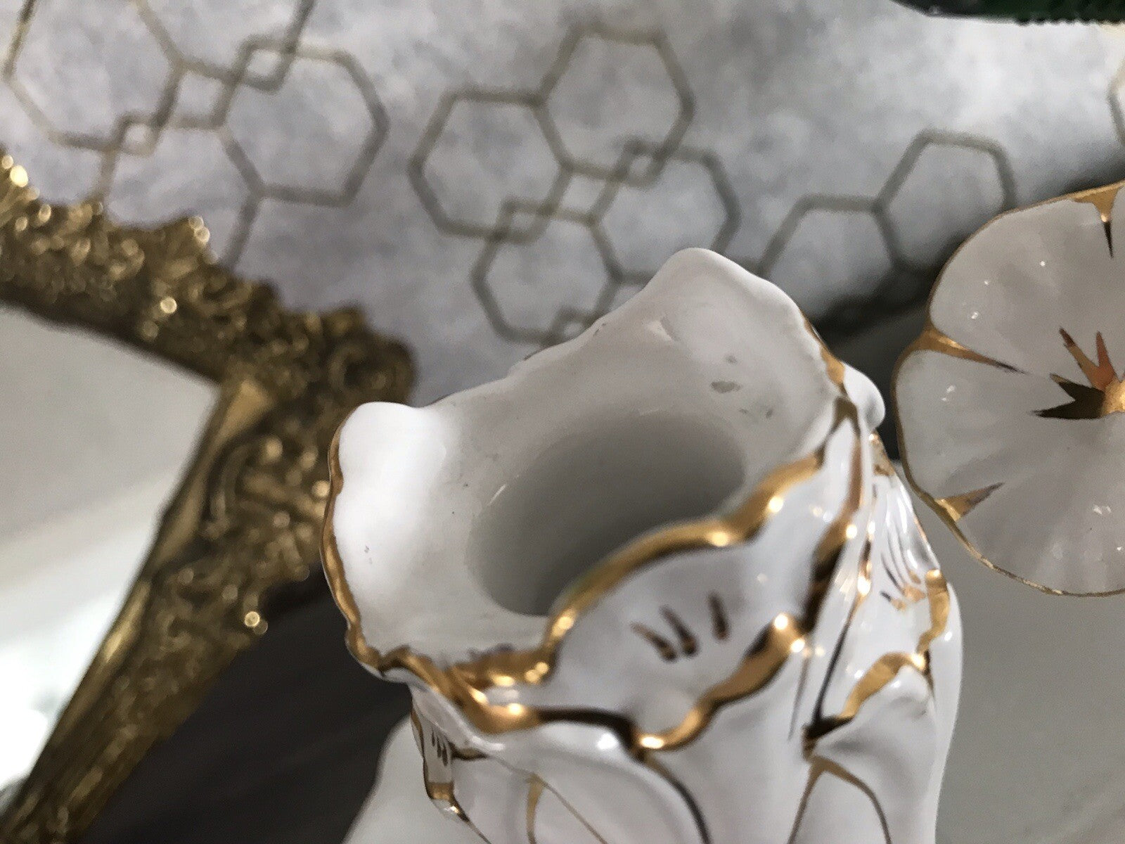 Antik reines Jugendstil Porzellan Kammerleuchter Leuchter weiß gold Libelle