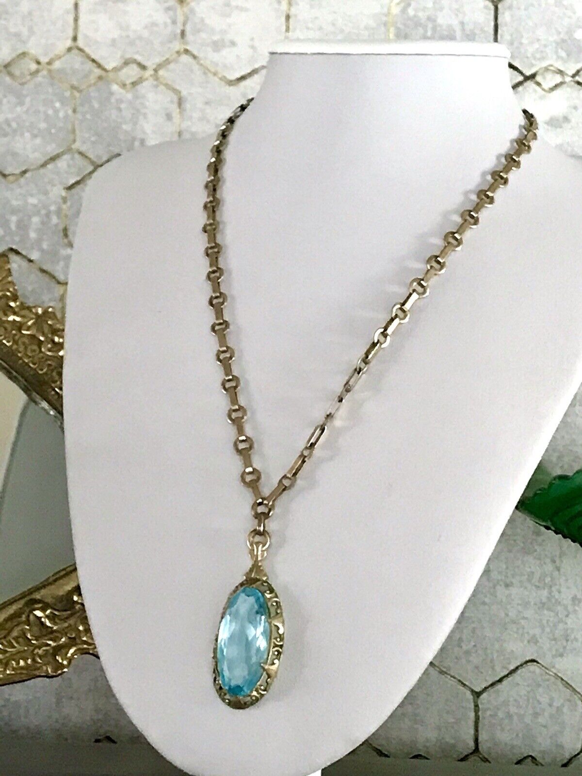 Antik Jugendstil Collier Halskette blauer Stein Anhänger Amerik. Doublè  A. Daub