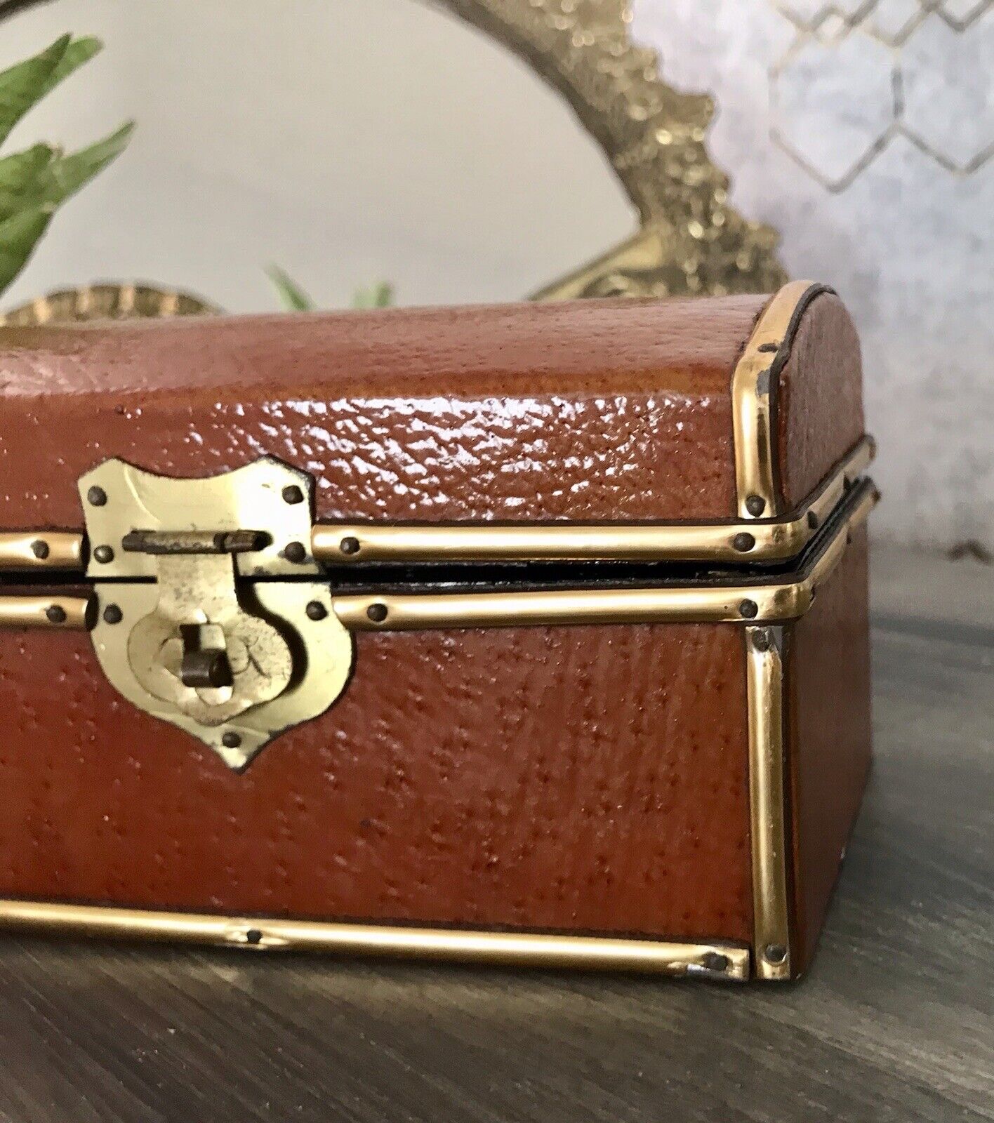 Vintage Schatulle Schmuckdose Dose Kästchen Leder bezogen Cognac