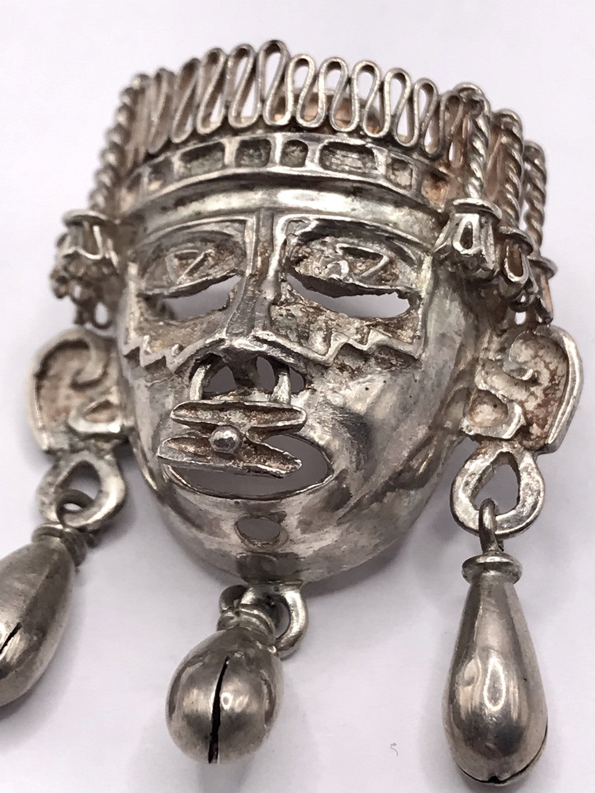 Vintage Azteken Kopf Ethno Maya 2in1 Anhänger Kettenanhänger Brosche 925 Silber