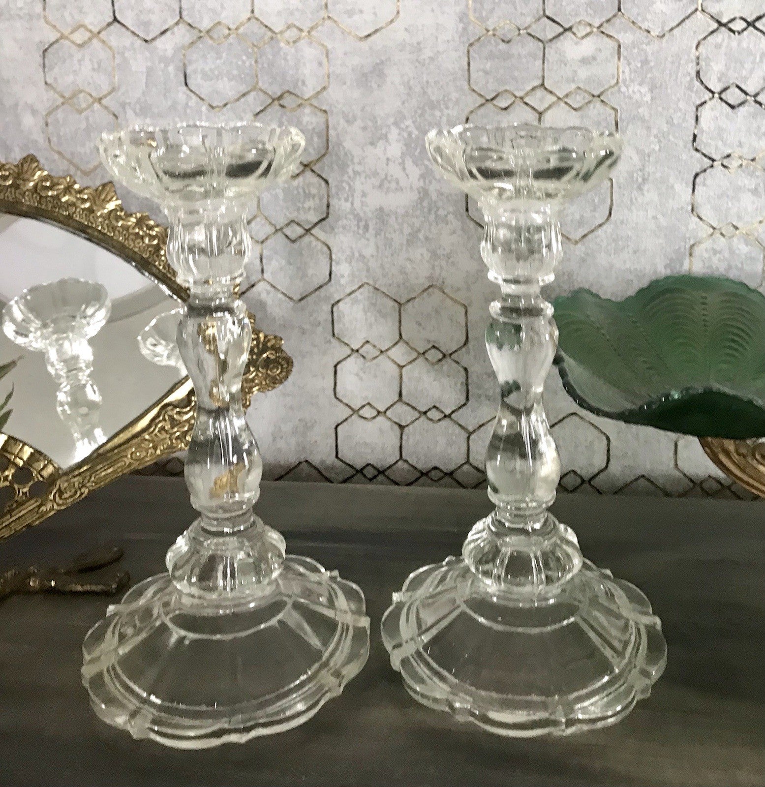 Antik Art Déco 2x Kerzenleuchter Leuchter Kerzenständer Pressglas Glas