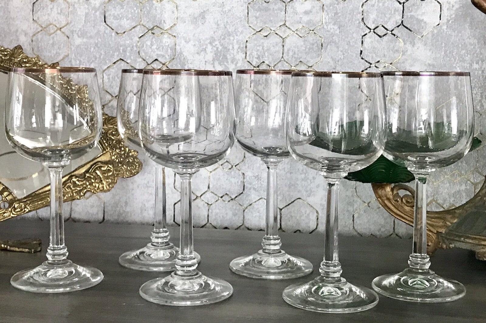 Art Déco Stil 6 Gläser Weingläser Rotweingläser Glas Goldrand Lausitzer