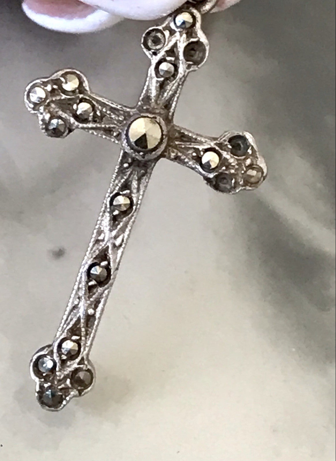 Antik Art Déco Echtsilber Silber Kreuz Anhänger Kettenanhänger Markasite