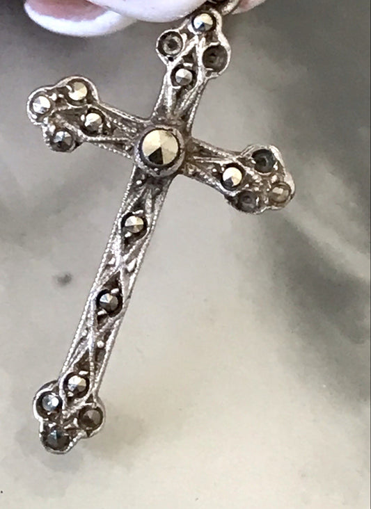 Antik Art Déco Echtsilber Silber Kreuz Anhänger Kettenanhänger Markasite