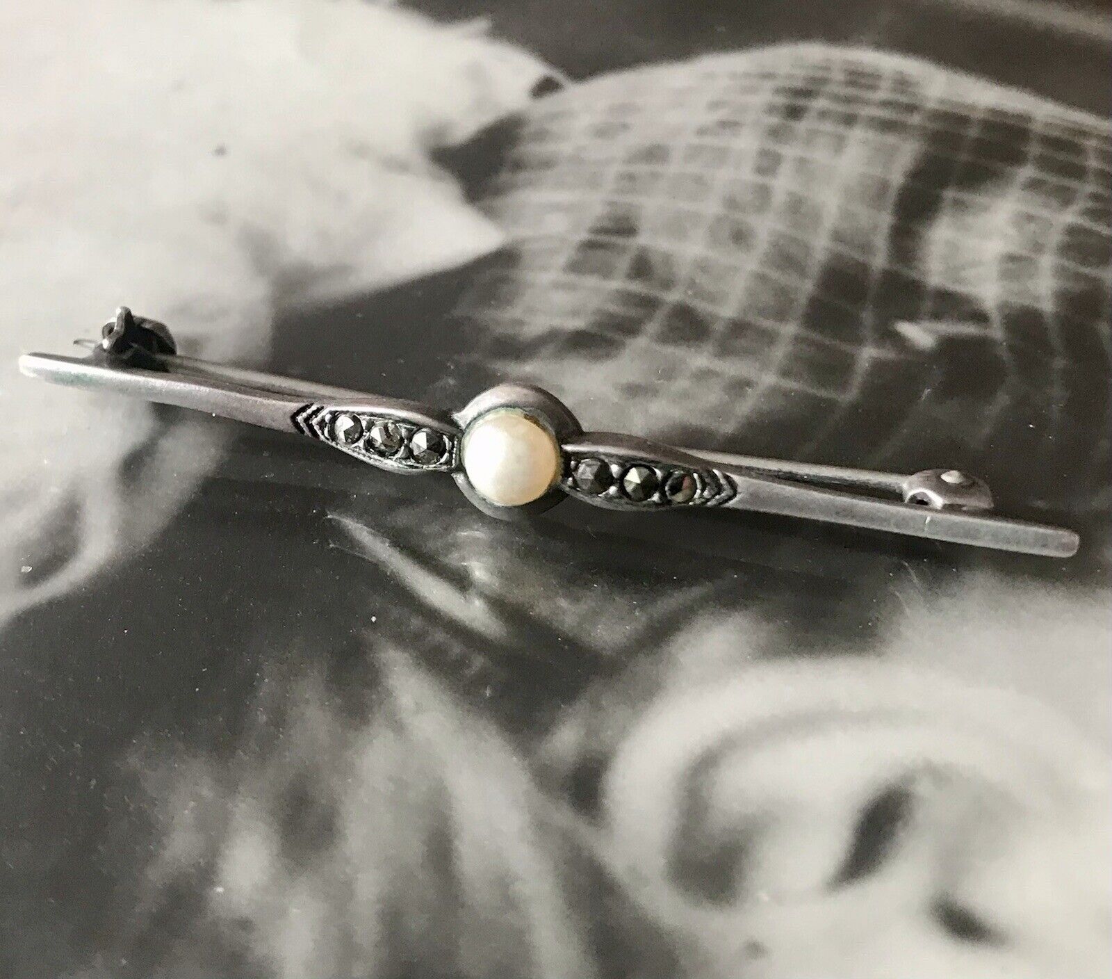 Antik Art Déco Edel Stabbrosche 835 Silber Brosche Markasiten Perle So Schön!