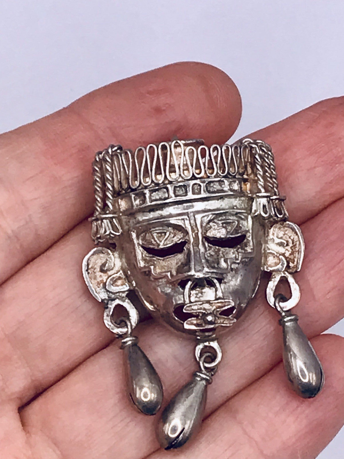 Vintage Azteken Kopf Ethno Maya 2in1 Anhänger Kettenanhänger Brosche 925 Silber
