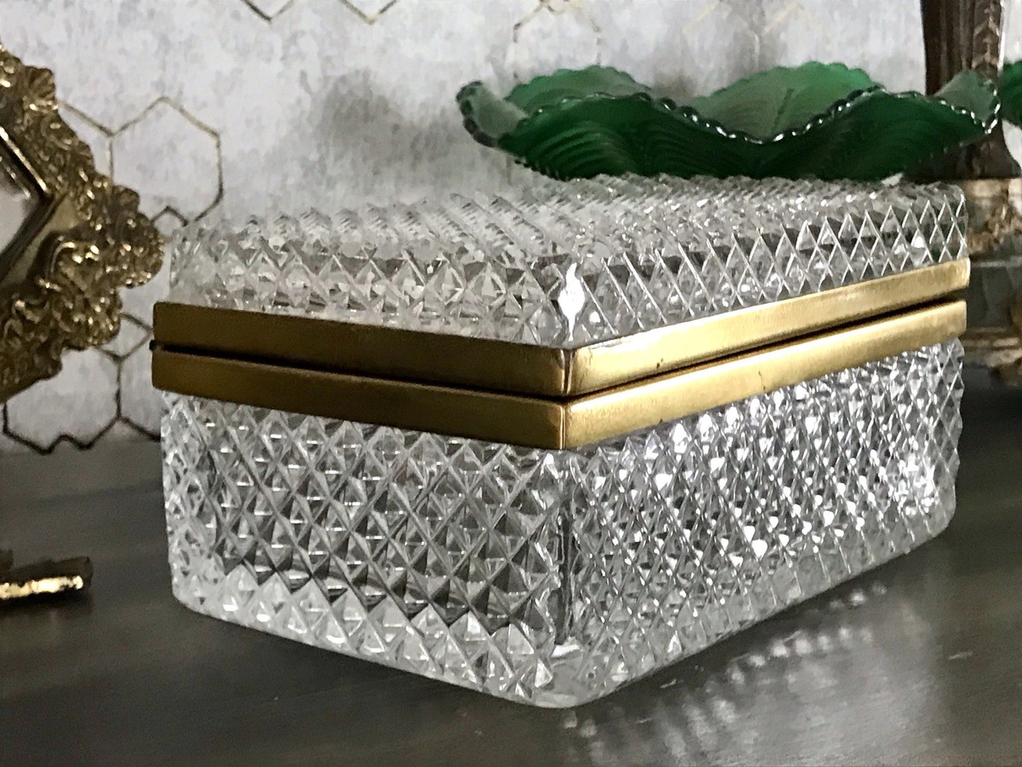 Antik Art Dèco Vintage EDEL Schatulle Deckeldose Bleikristall groß Messingrahmen