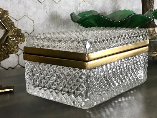 Antik Art Dèco Vintage EDEL Schatulle Deckeldose Bleikristall groß Messingrahmen