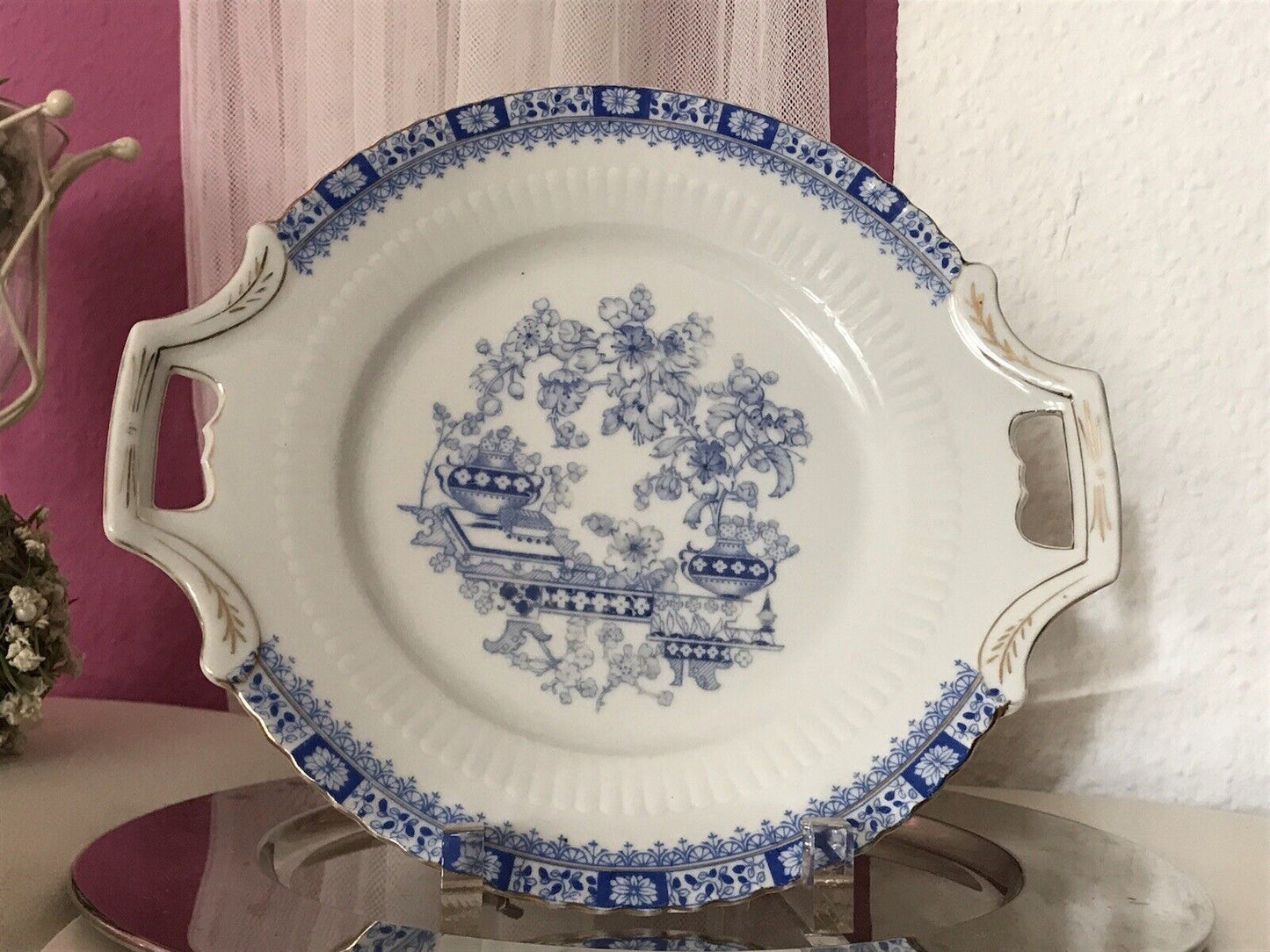 Antik Art Déco Porzellan Kuchenplatte Kuchenteller China Blau