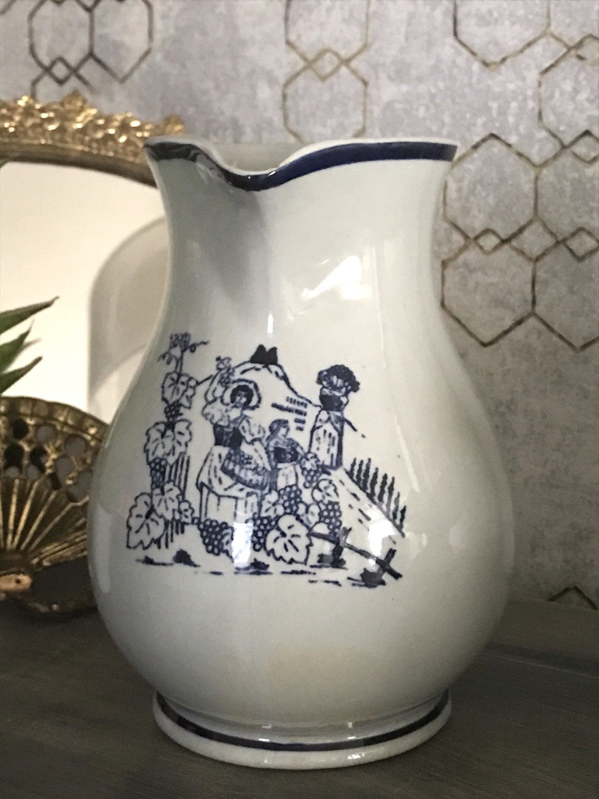 Antik Vintage alt Schankkrug Keramik Steinzeug Weinkrug Kanne grau blau Weinlese