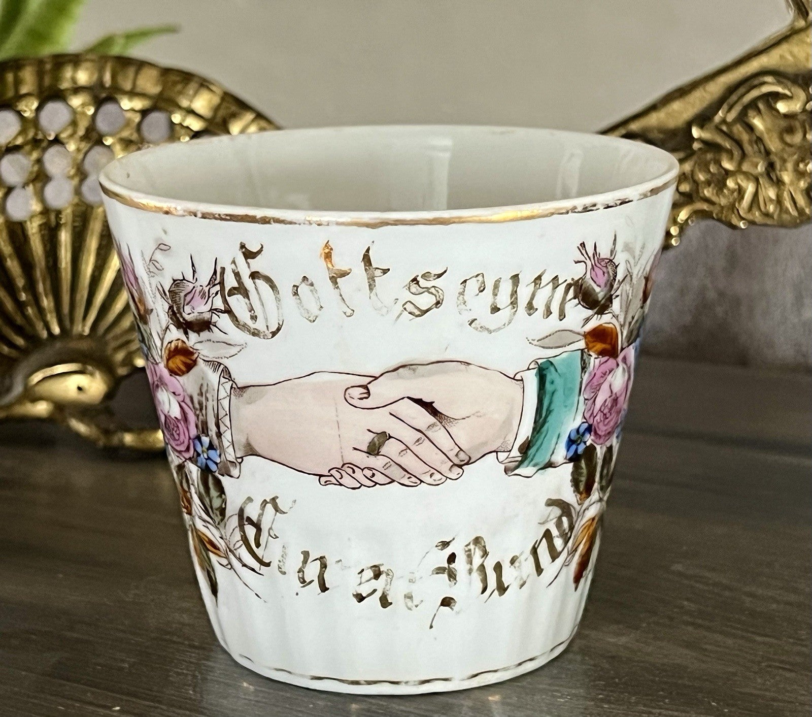 Antik Porzellan Andenken Becher Sammeltasse Tasse Gott segne dieses Bund