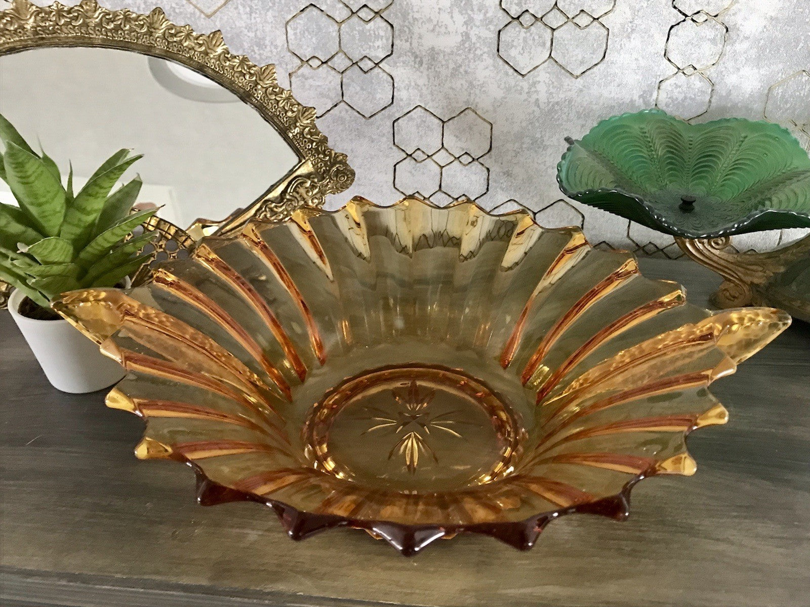 Antik Art Déco gelb Pressglas Schale Glas Brockwitz Prismen Fruchtschale 1941