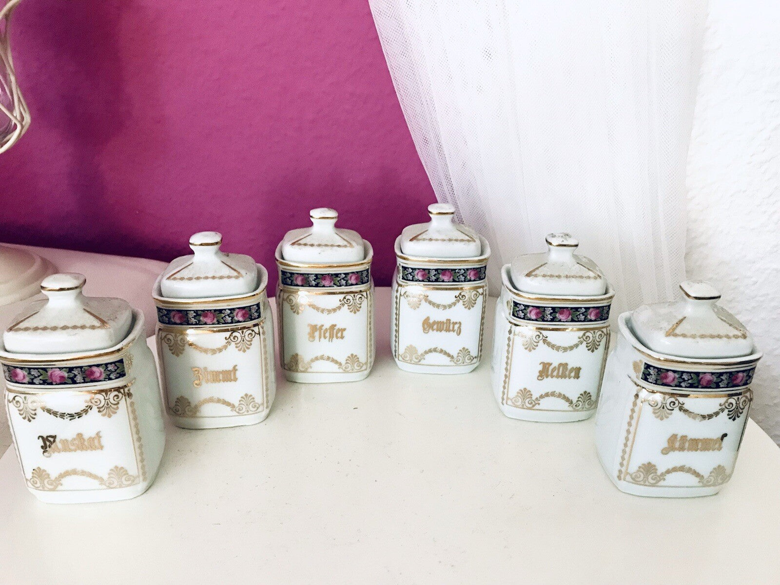 Antik 6x Porzellan Dose Vorratsdosen Gewürze Rosen Golddekor Jugendstil