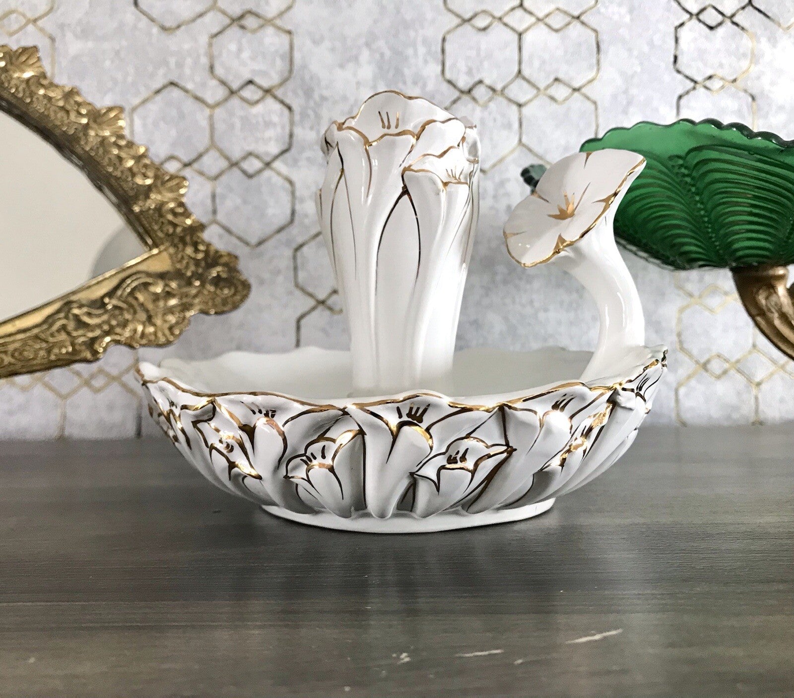 Antik reines Jugendstil Porzellan Kammerleuchter Leuchter weiß gold Libelle