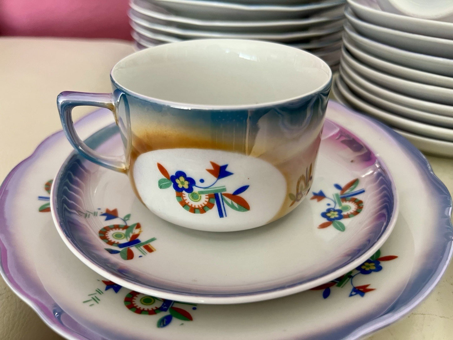 Antik Art Déco Porzellan Kaffeeservice Spritzdekor Teeservice 9 Pers. plus