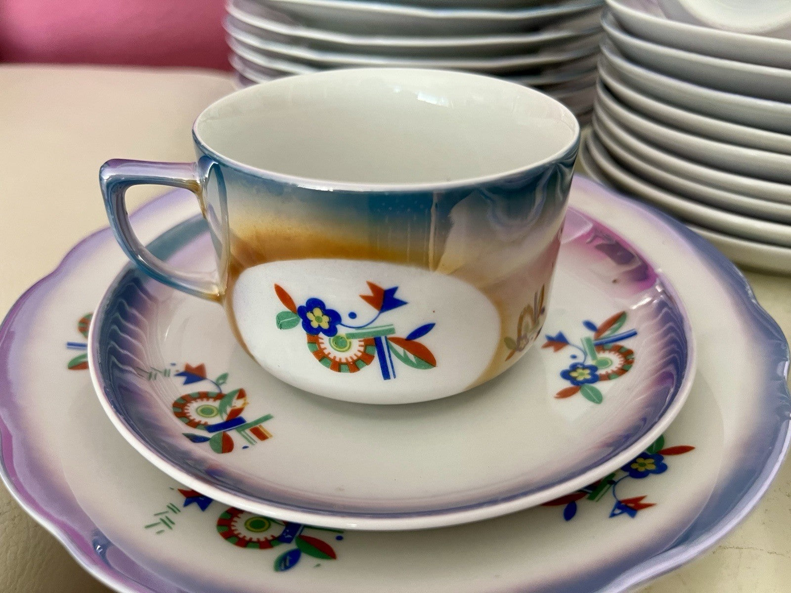 Antik Art Déco Porzellan Kaffeeservice Spritzdekor Teeservice 9 Pers. plus