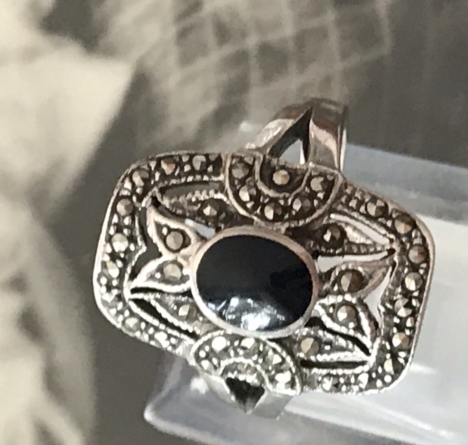 Antik Art Déco Damen Schiffchen Ring 925 Silber Gr.60 Onyx Markasite