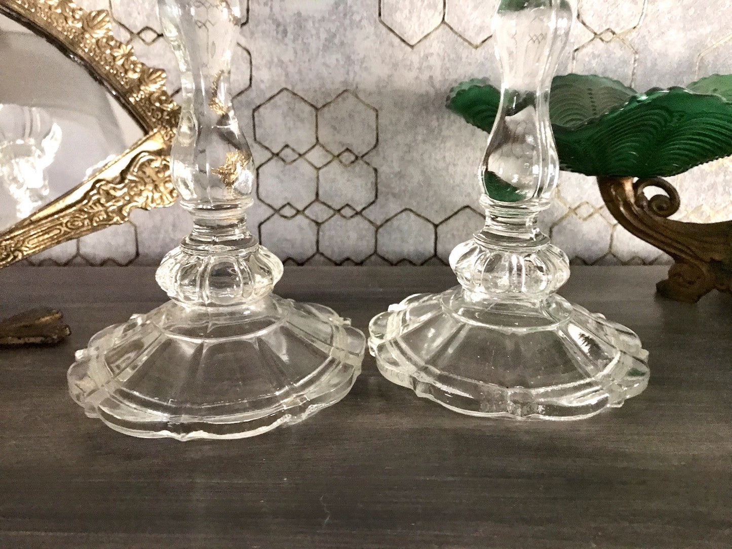 Antik Art Déco 2x Kerzenleuchter Leuchter Kerzenständer Pressglas Glas