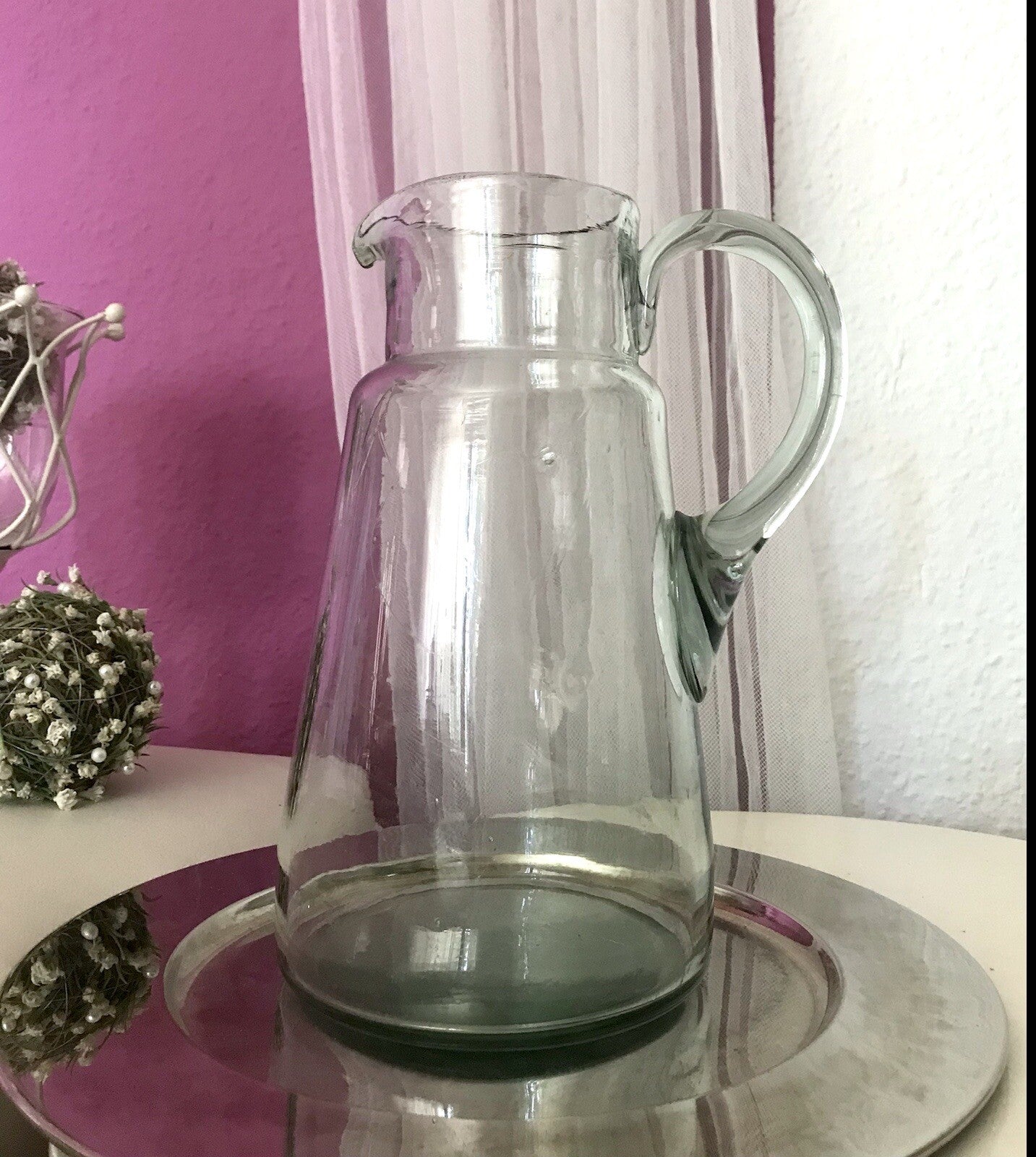 Antik groß Krug Glas Karaffe Kanne Wasserkrug Glas mundgeblasen light türkis