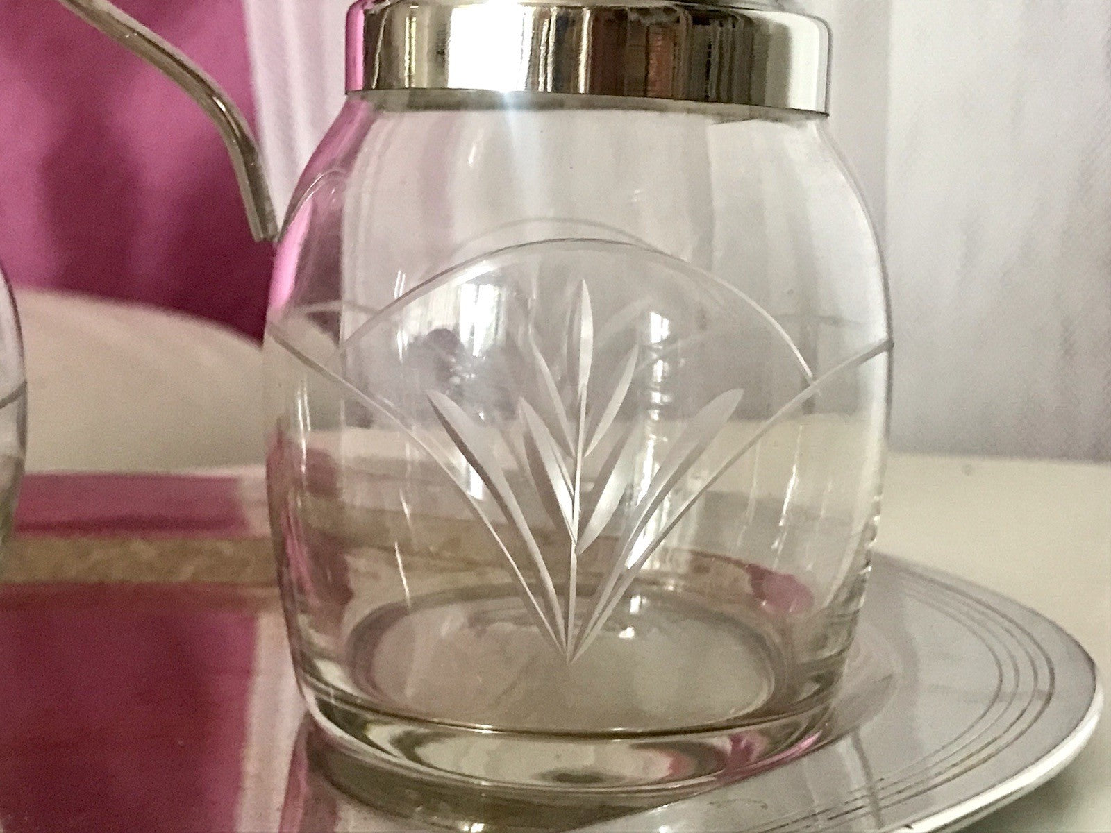 Antik Jugendstil 3 Teile Milch& Zucker Tablett Metallmontur & Glas geschliffen