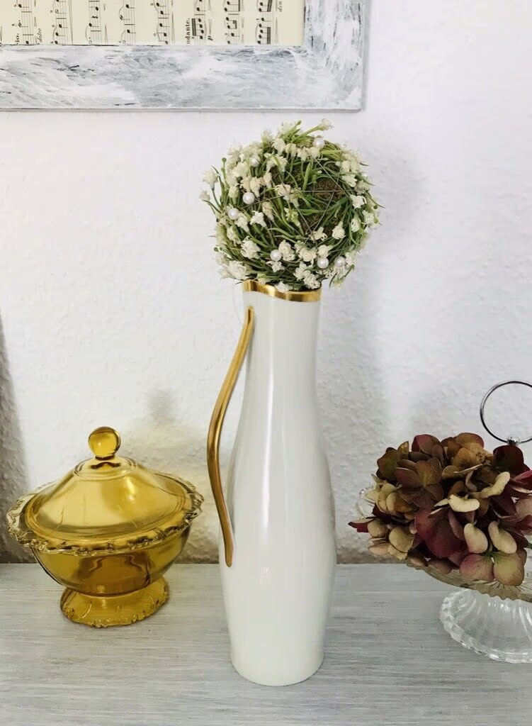 Antik Art Déco Porzellan Vase Henkel Blumenvase Elfenbein Goldrand Eschenbach