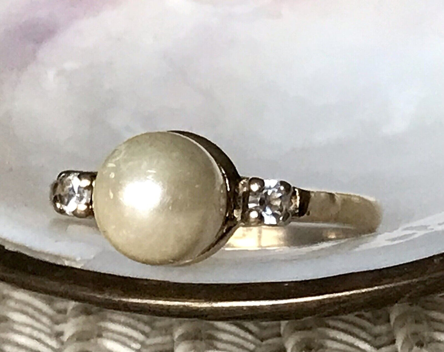 Antik Alt Edel DAMEN RING Silber 925 Perle farblose Steine Gr.58 18,4 vergoldet