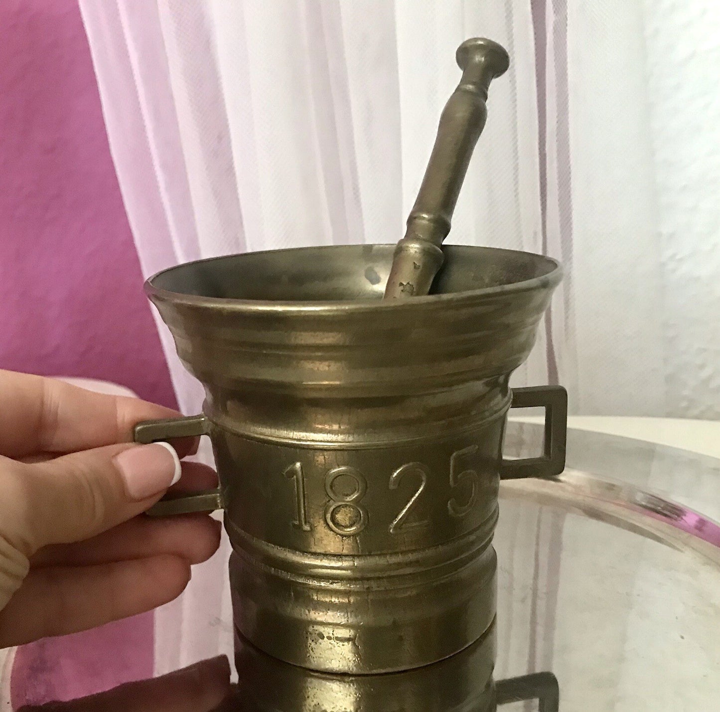 Alt Vintage Messing Mörser mit Pistill Stößel 1825 Replik