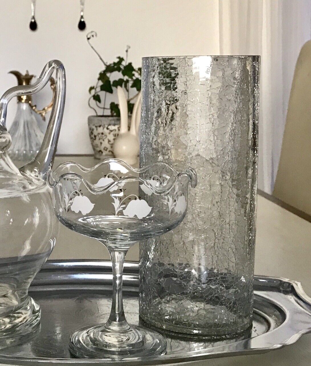 Vintage Kristallglas Kunstglas Craquelée Vase Glasvase zylindrisch groß