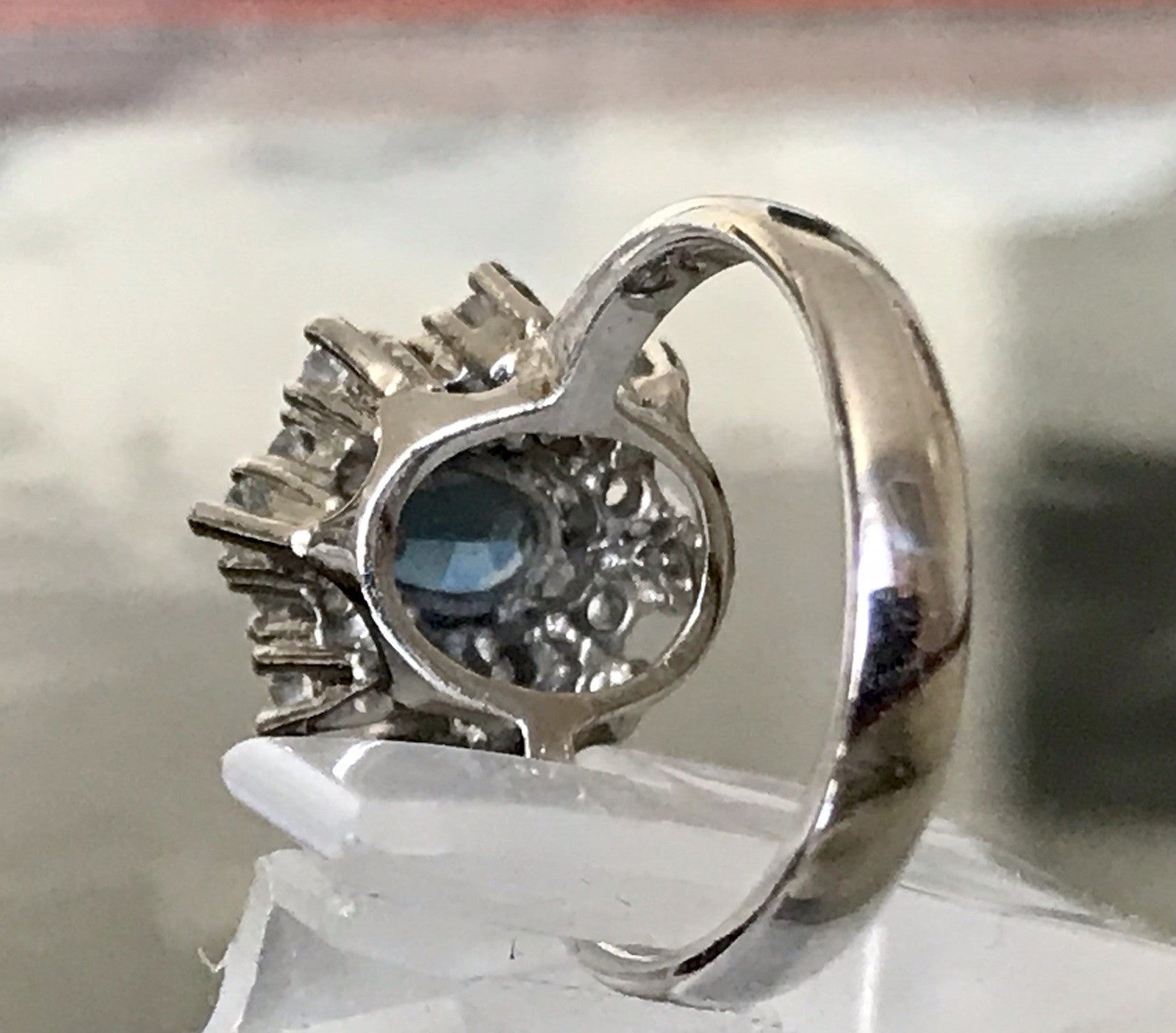 Vintage Entourage Halo Ring farblose Steine & Saphir Silber 925  ~Gr.52
