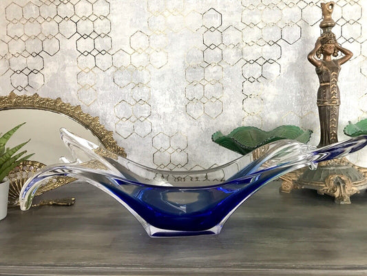 Murano 60er 70er Jahre Schale Glas zipfelig blauer Zwischenfang im Klarglas