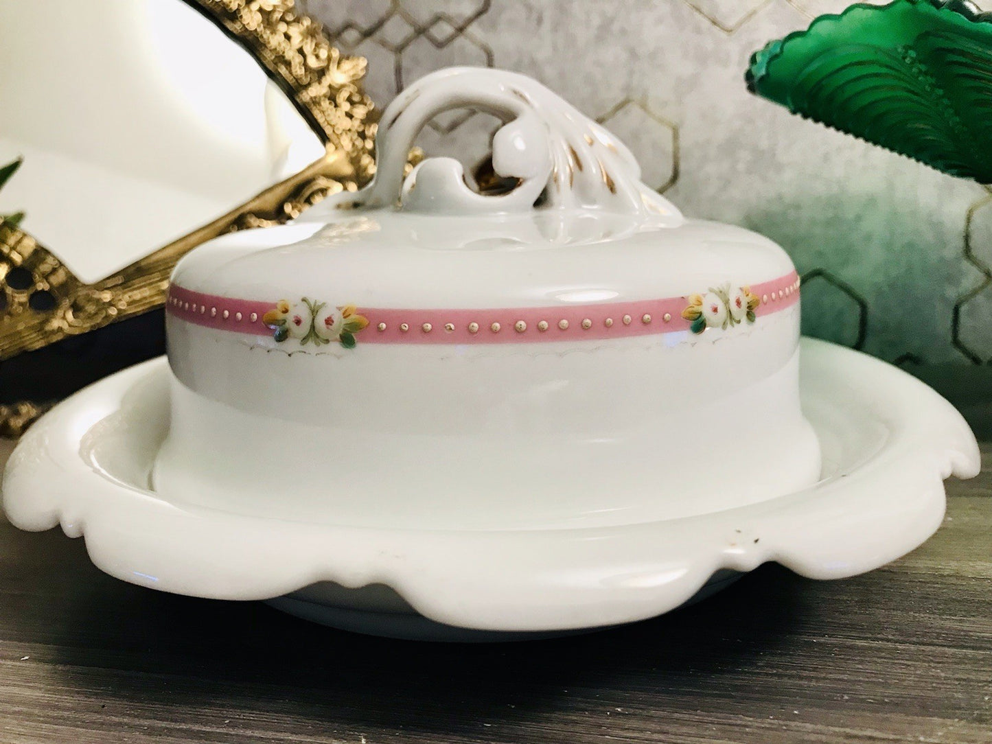 Antik Biedermeier Porzellan Butterdose Dose Handbemalung weiß rosa gold