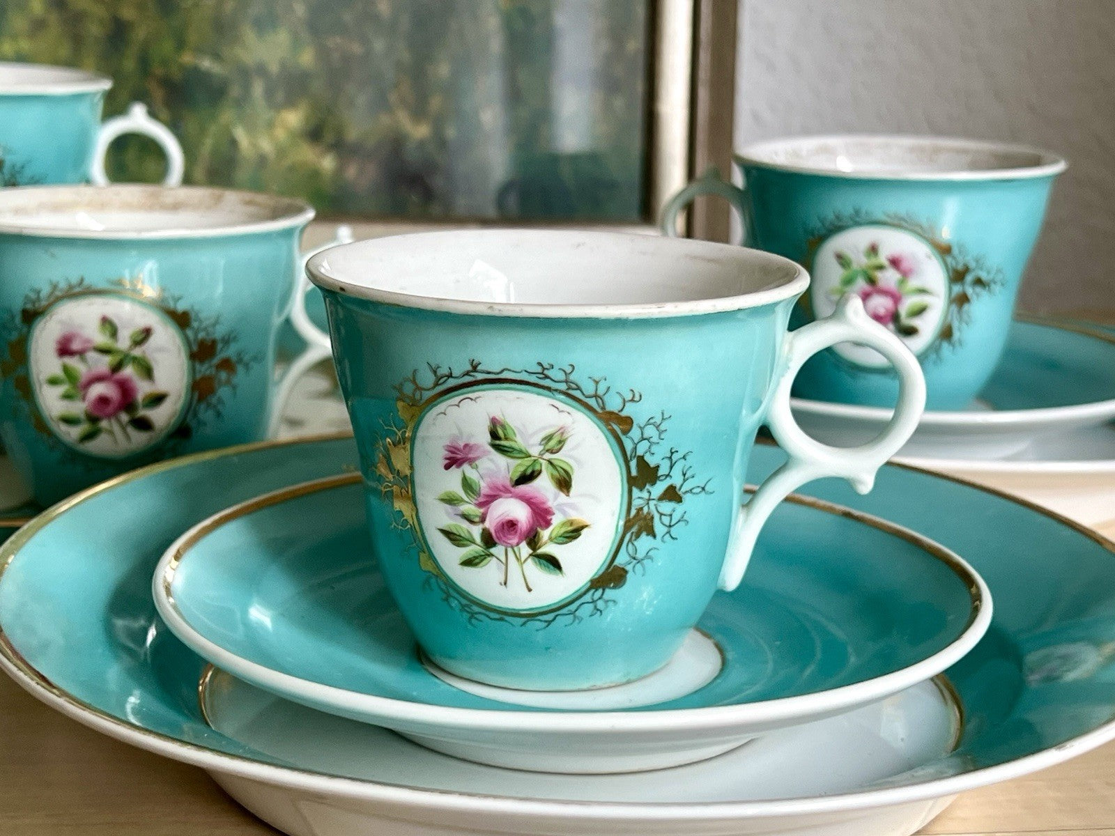 Antik 1870-1900 Porzellan Kaffeeservice 6 Pers. Carl Tielsch Altwasser türkis