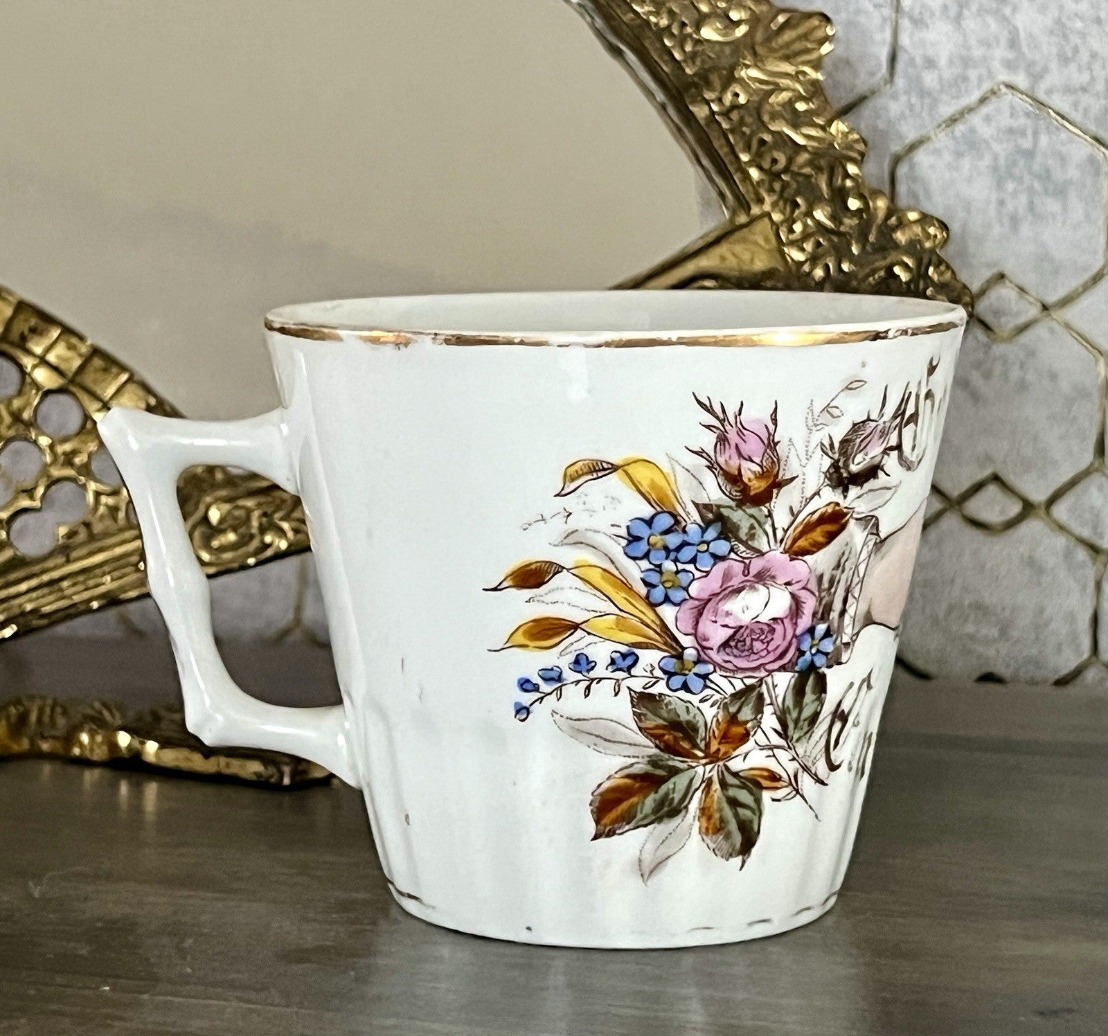 Antik Porzellan Andenken Becher Sammeltasse Tasse Gott segne dieses Bund
