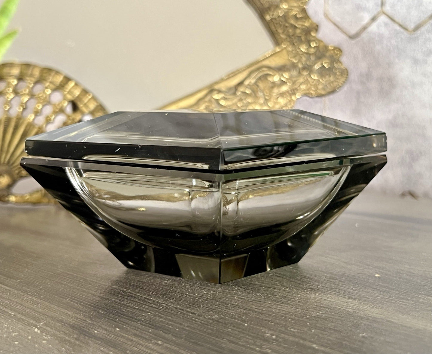 EDEL Art Déco antik Glasdose Kristallglas Frisiertisch Dose grau Schliff