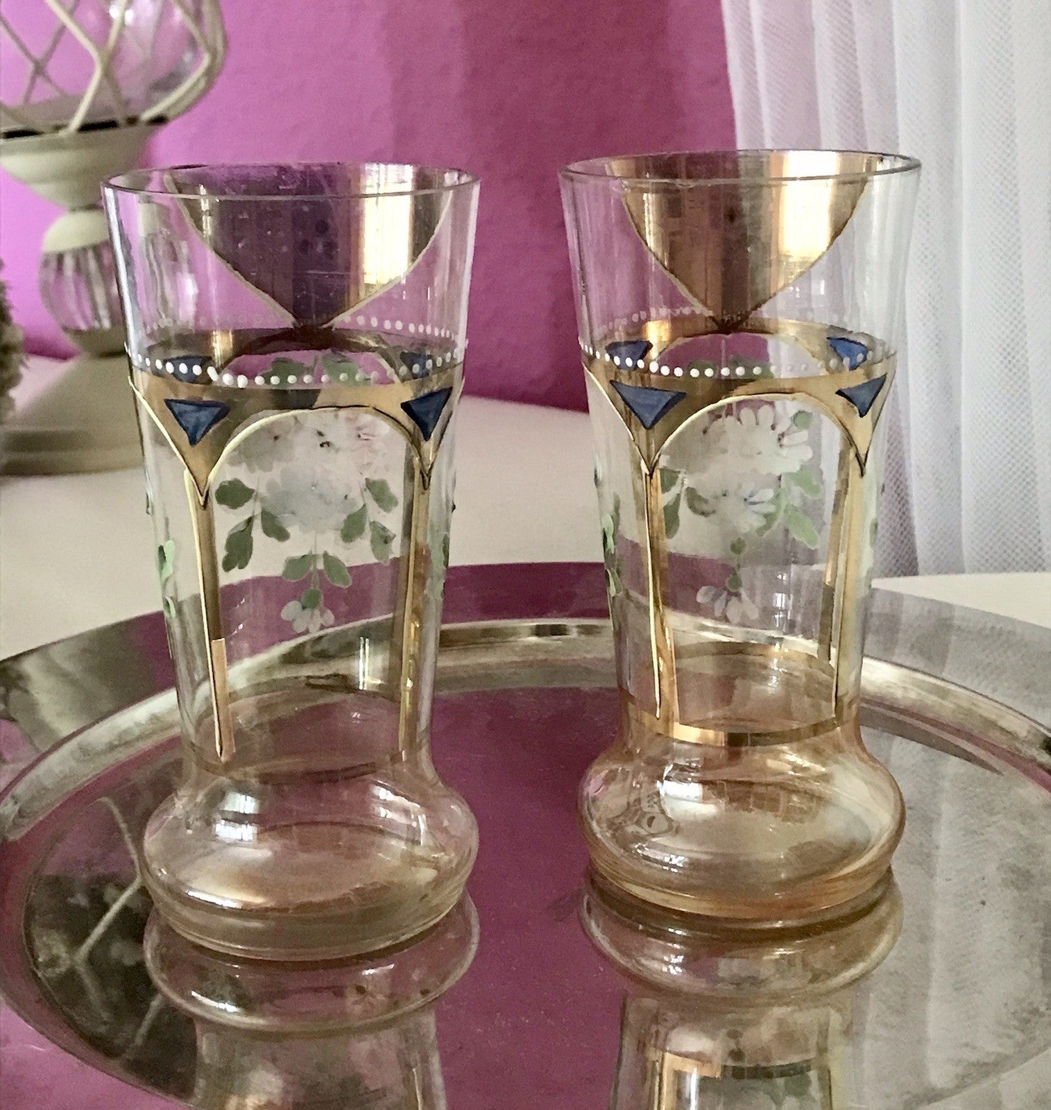 Antik Jugendstil Emaile -Malerei Glas Fußbecher Becher Pokal Bierglas irisierend
