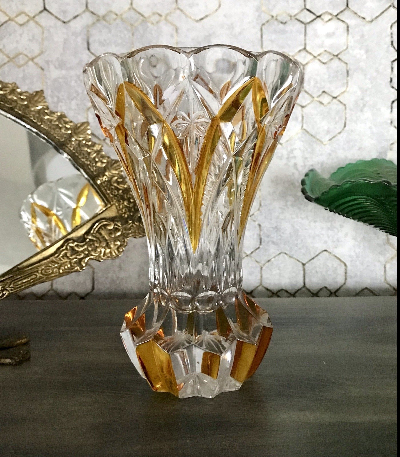Antik alt Art Déco Stil Glasvase Bleikristall Vase Bernstein Gelbbeize Annahütte