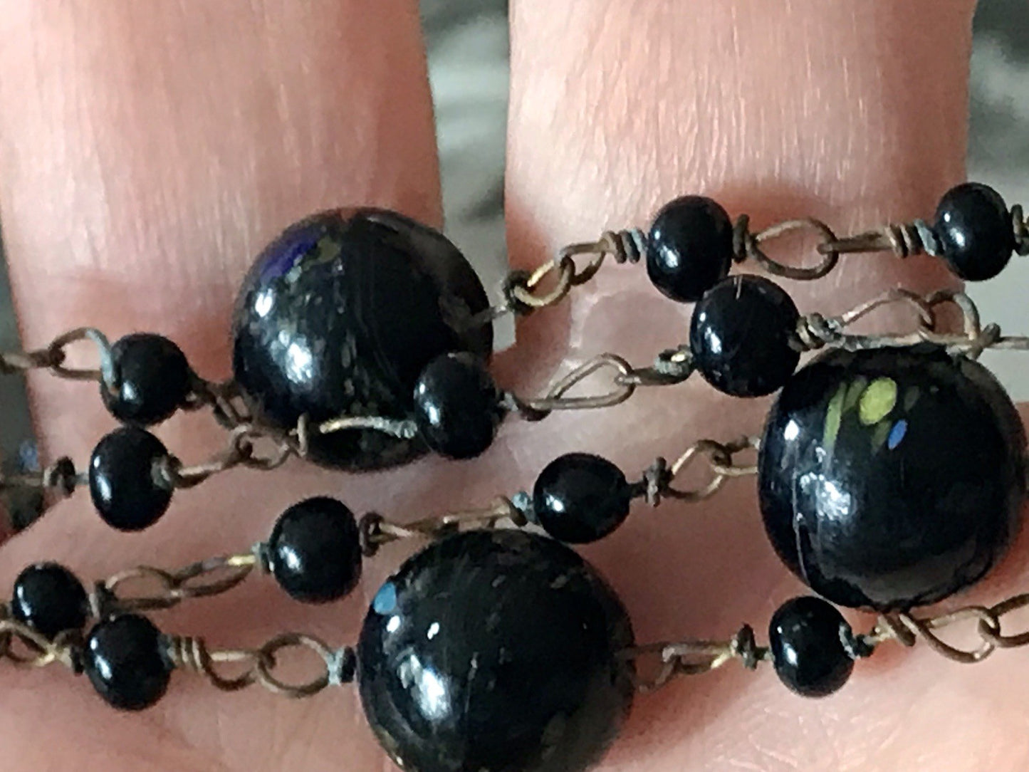 Alt antik? Vintage lange Halskette Kette schwarze Murano Perlen Sehr Schön