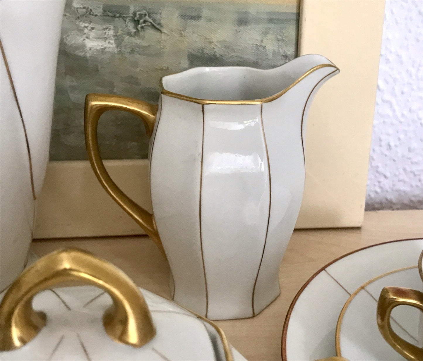 Antik Art Déco Porzellan 10+ Personen Kaffeeservice EDEL weiß Golddekor kantig