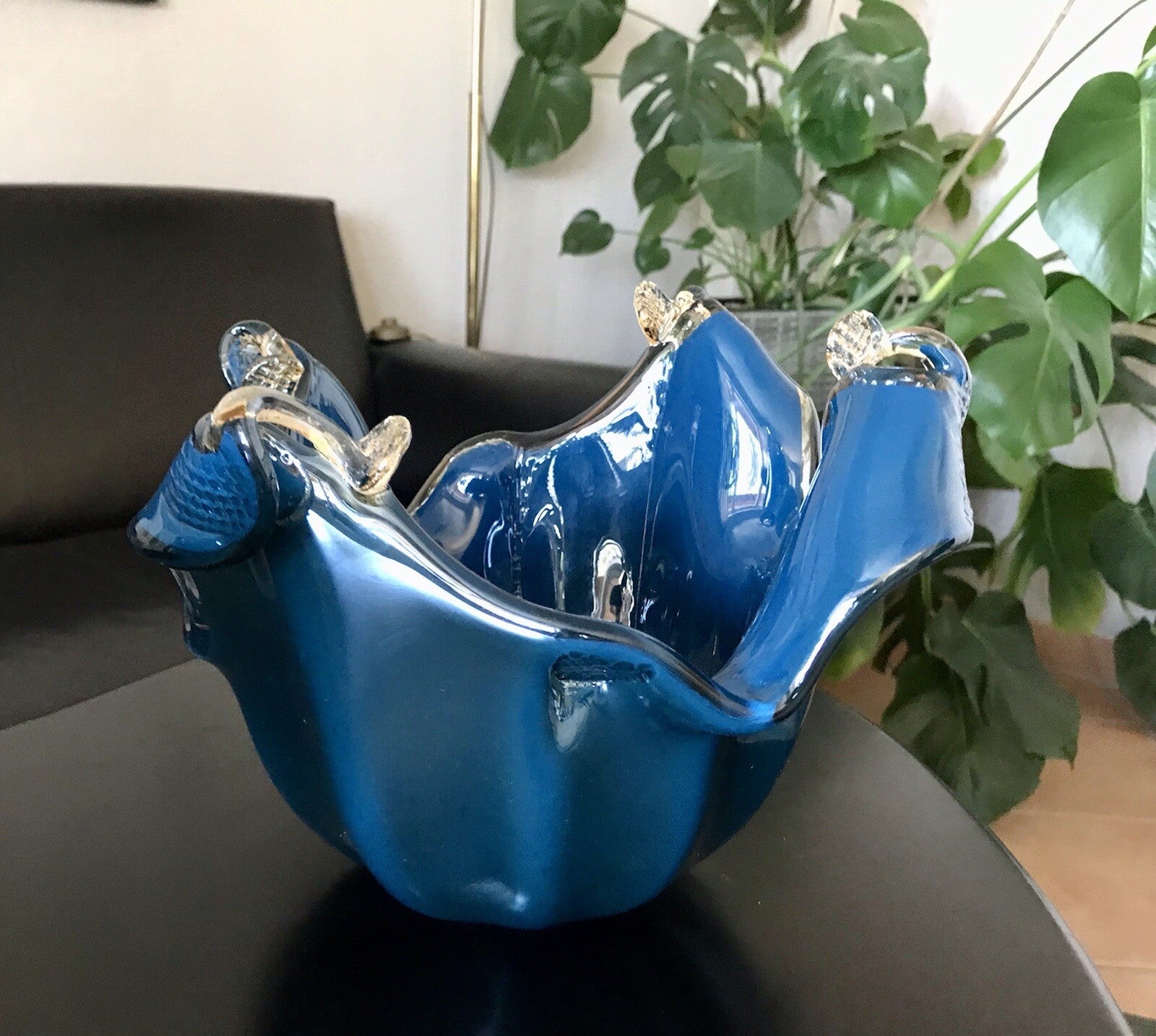 Vintage Murano Schale Vase Glas Petrol Blau metallic irisierend Edel Aufkleber