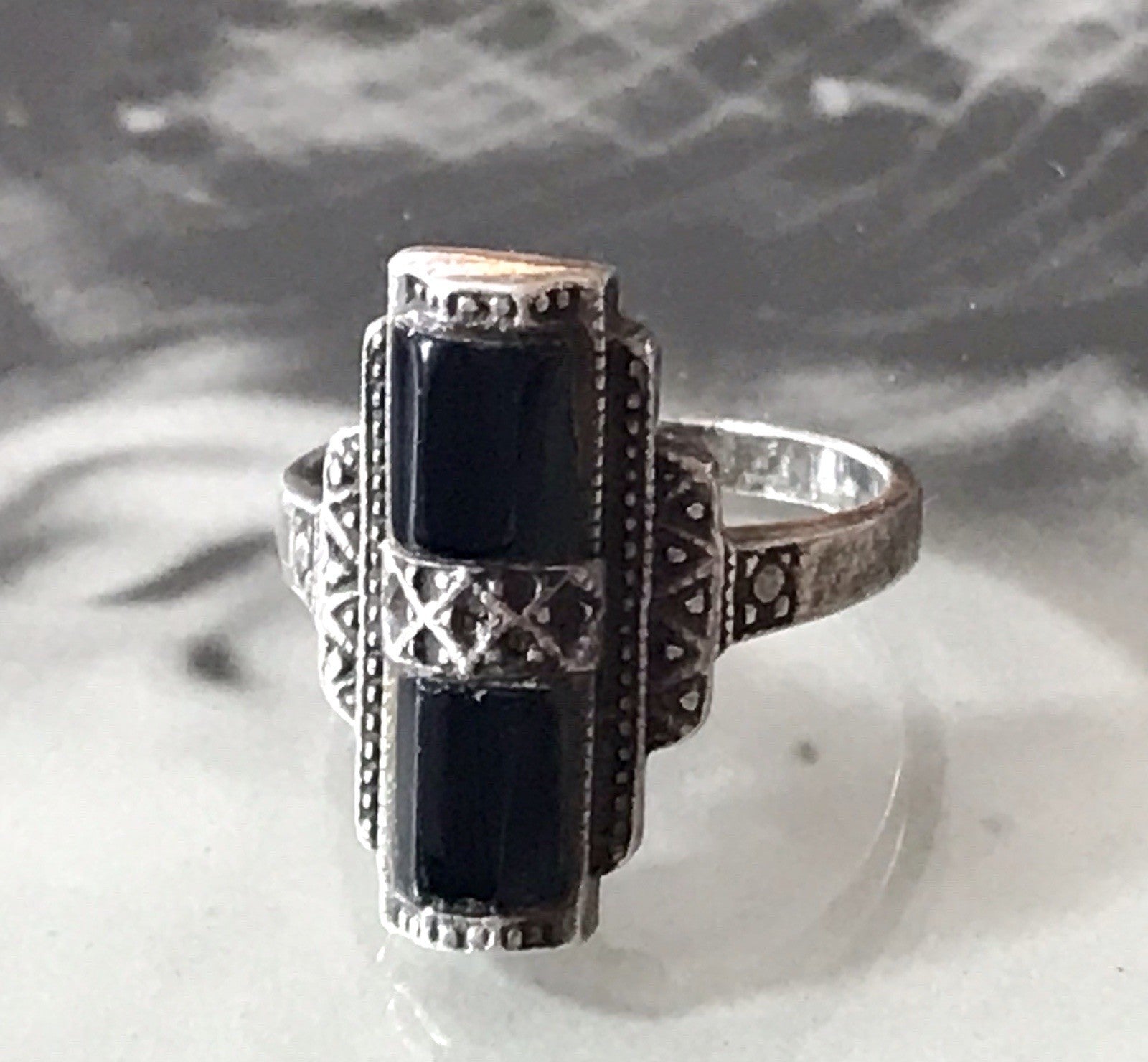 Antik Art Déco Damen Schiffchen Ring Onyx 925 Silber Gr.56 Markasite 18,1