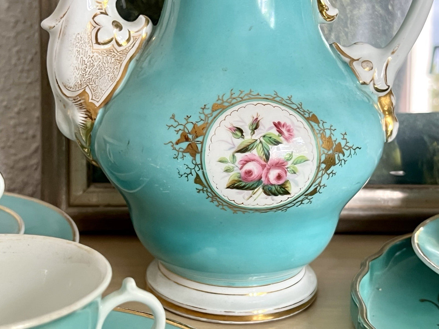 Antik 1870-1900 Porzellan Kaffeeservice 6 Pers. Carl Tielsch Altwasser türkis