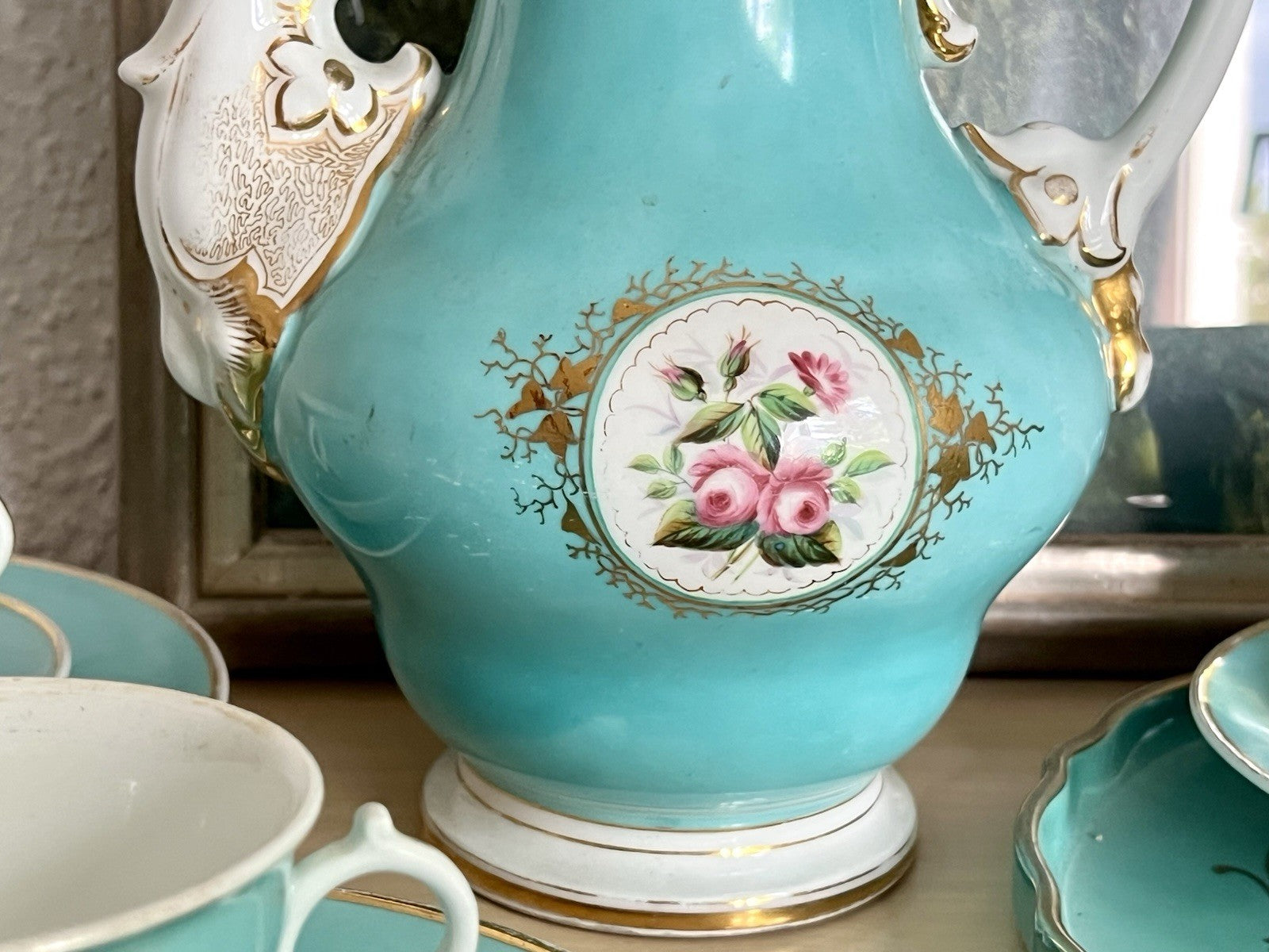 Antik 1870-1900 Porzellan Kaffeeservice 6 Pers. Carl Tielsch Altwasser türkis