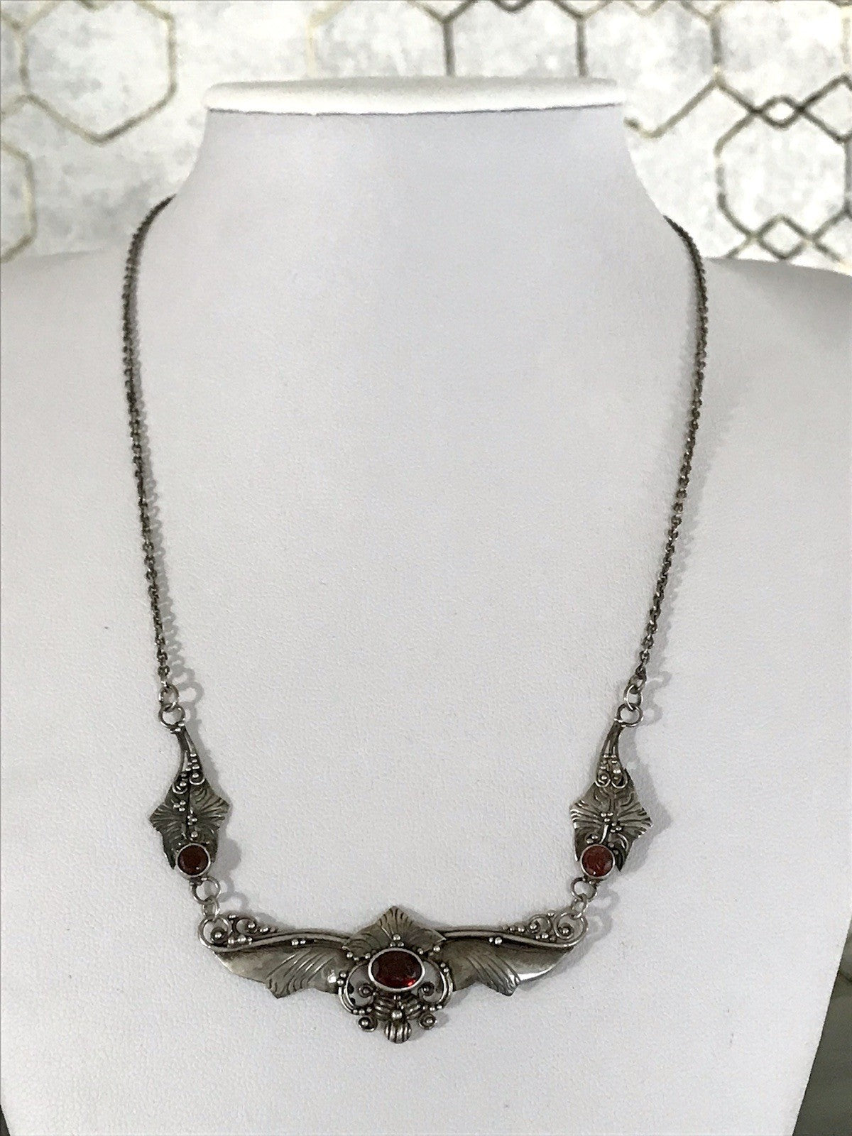 Antik 925 Sterling Silber Collier Halskette Kette rote Steine Granate?
