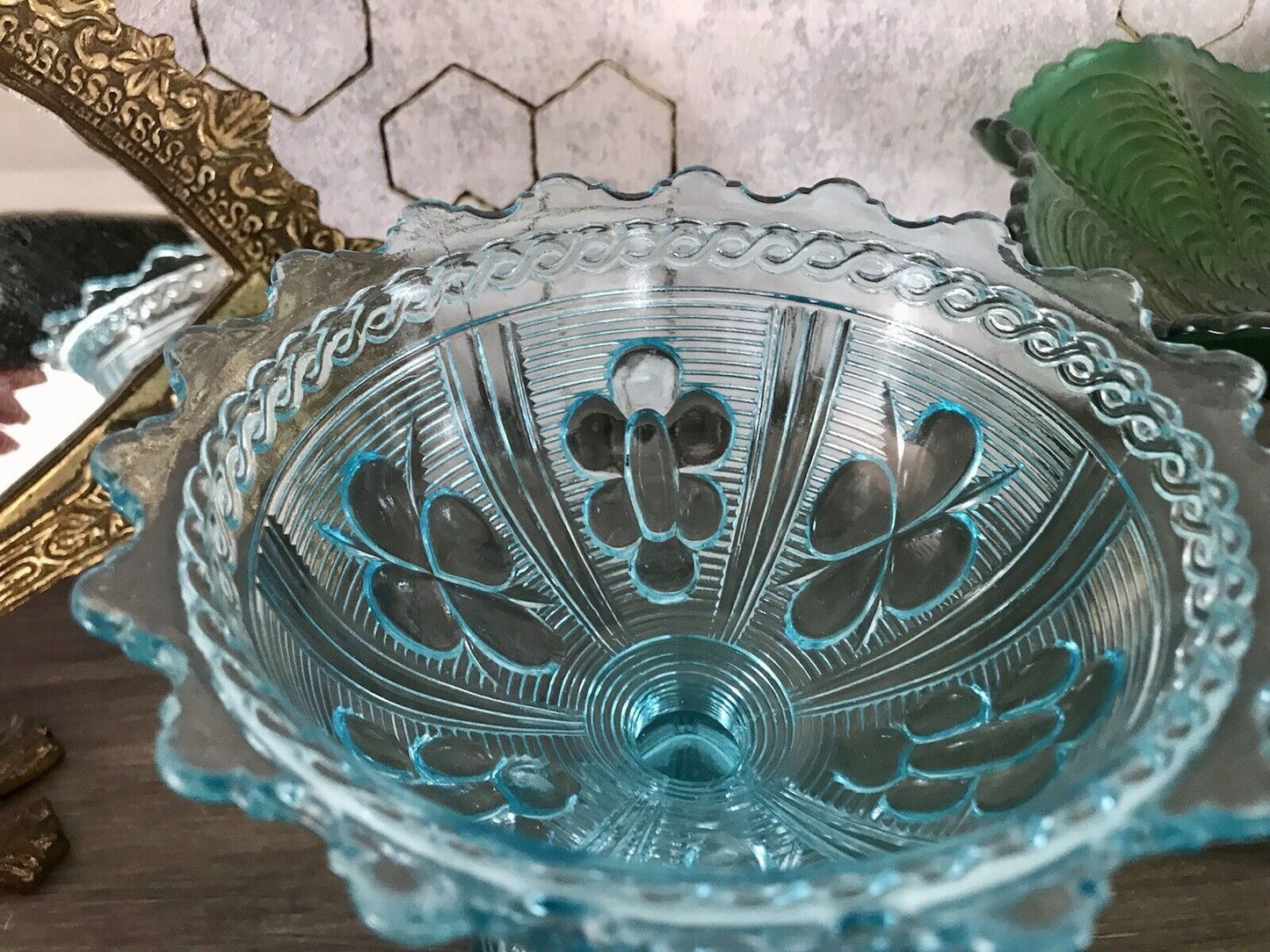 Antik Jugendstil Art Déco Pressglas Schale Fußschale Zuckerschale blau türkis